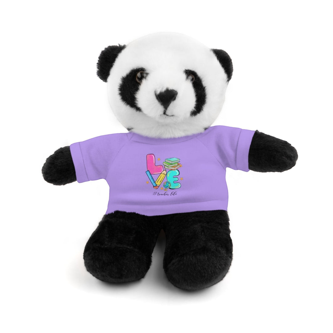 Sea Dragon Dreams panda plush toy wearing a light purple cotton t-shirt with a Love Teacher Life graphic design.