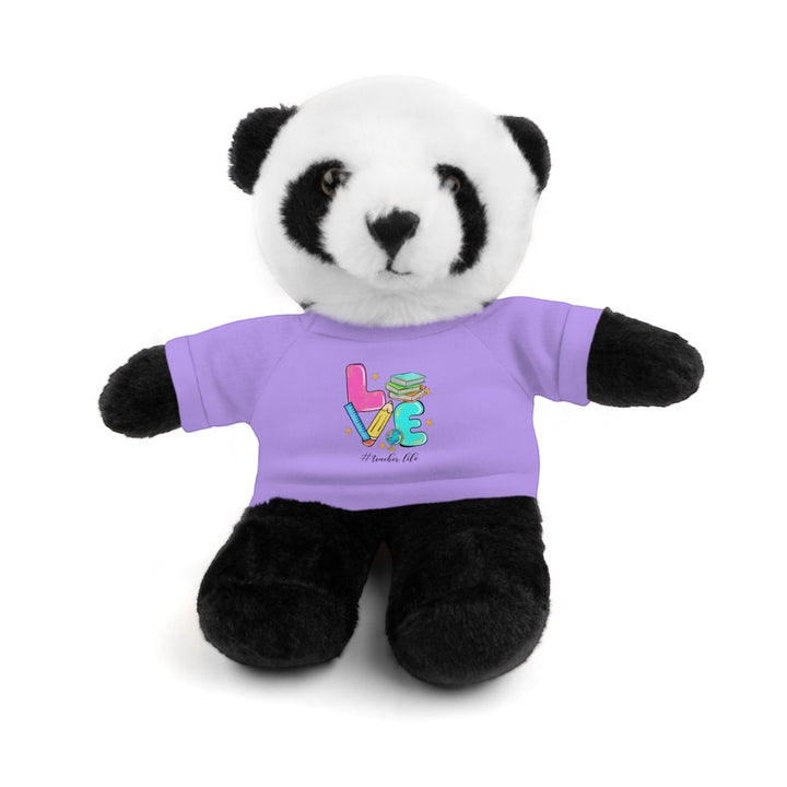 Sea Dragon Dreams panda plush toy wearing a light purple cotton t-shirt with a Love Teacher Life graphic design.