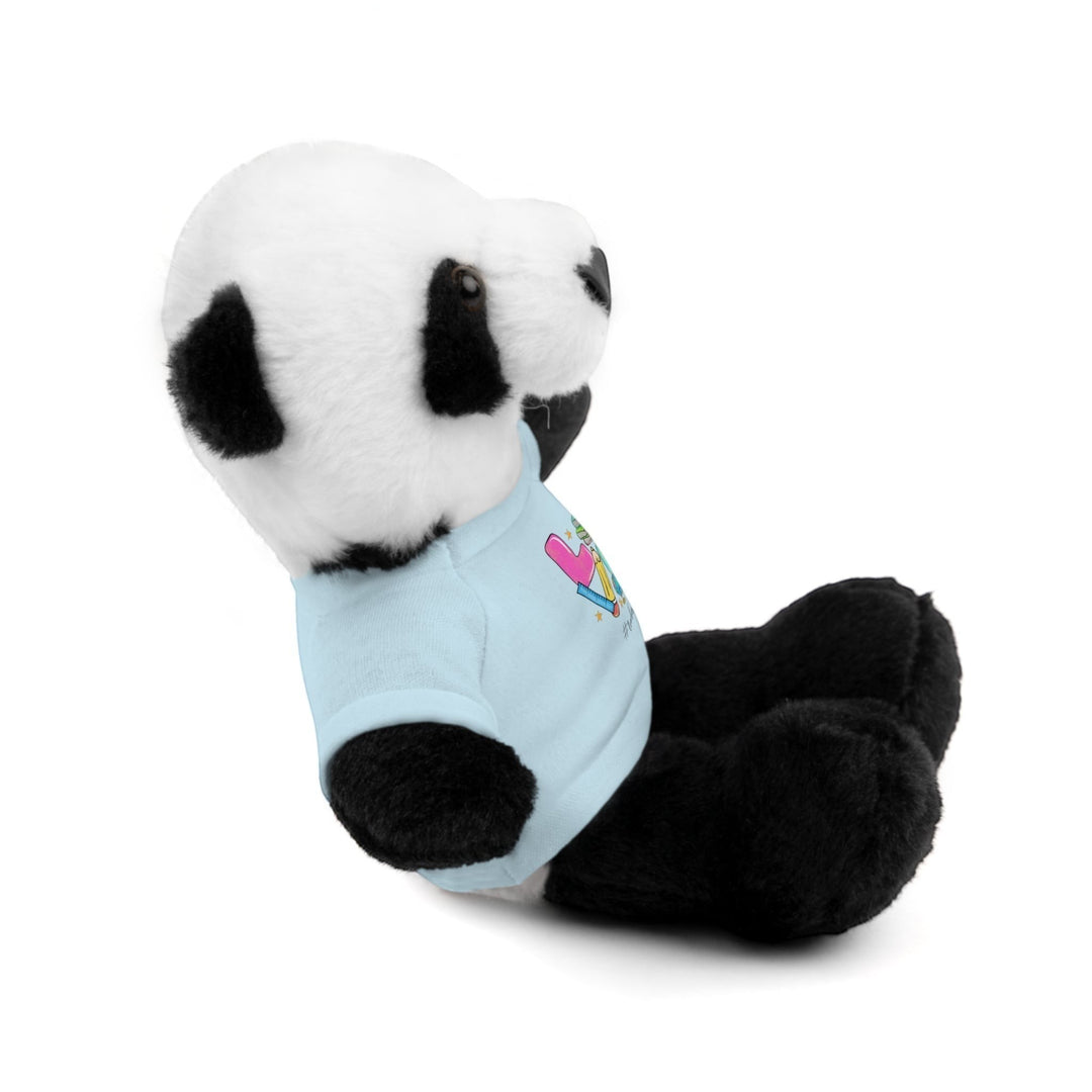Sea Dragon Dreams panda stuffed animal wearing a light blue cotton t-shirt with Love Teacher Life graphic