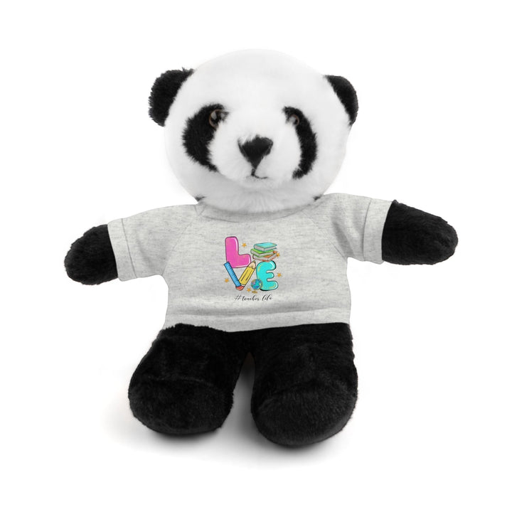 Sea Dragon Dreams plush panda stuffed animal wearing a grey cotton t-shirt with a Love Teacher Life graphic print