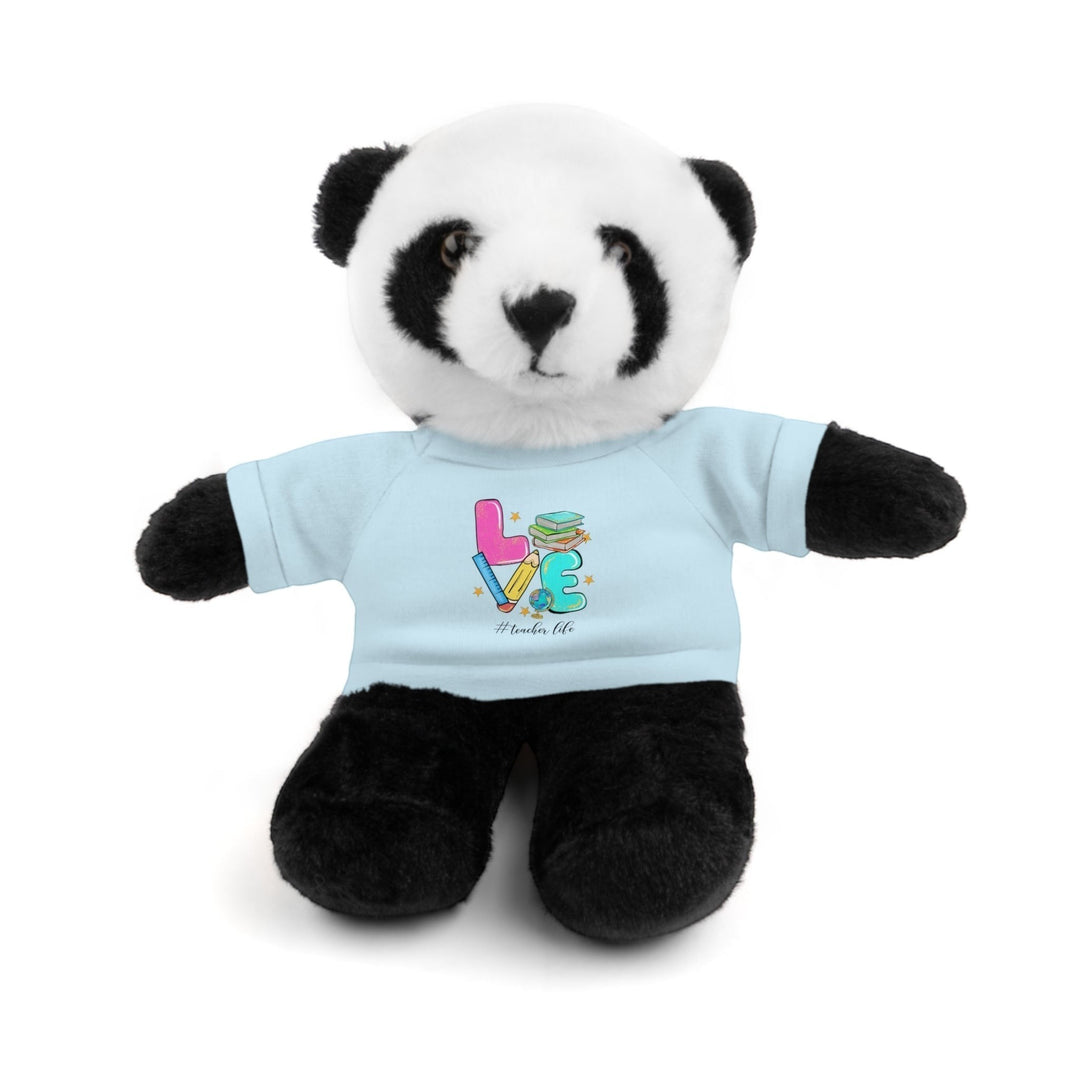 Sea Dragon Dreams panda stuffed animal wearing a light blue t-shirt with a Love Teacher Life graphic design.