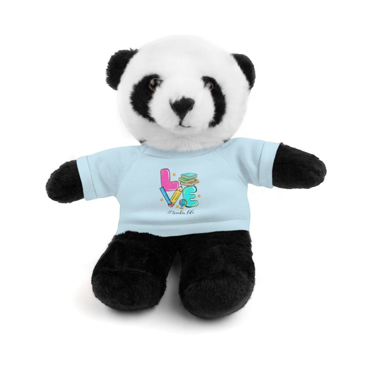 Sea Dragon Dreams panda stuffed animal wearing a light blue t-shirt with a Love Teacher Life graphic design.