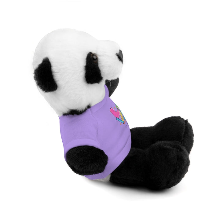 Sea Dragon Dreams panda stuffed animal wearing a purple cotton t-shirt with a Love Teacher Life graphic design