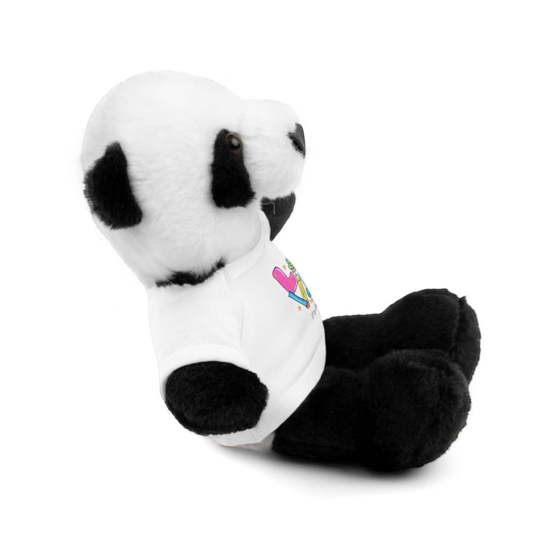 Sea Dragon Dreams panda plush toy wearing a white cotton t-shirt with Love Teacher Life graphic, side view