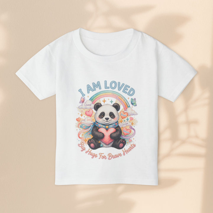 Sea Dragon Dreams white cotton toddler t-shirt featuring a cute panda with a rainbow, heart, and I Am Loved text.