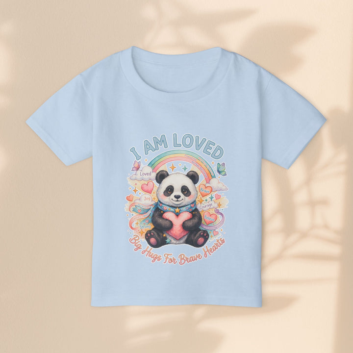 Sea Dragon Dreams light blue cotton toddler t-shirt featuring a cute panda, rainbow, and I Am Loved graphic.
