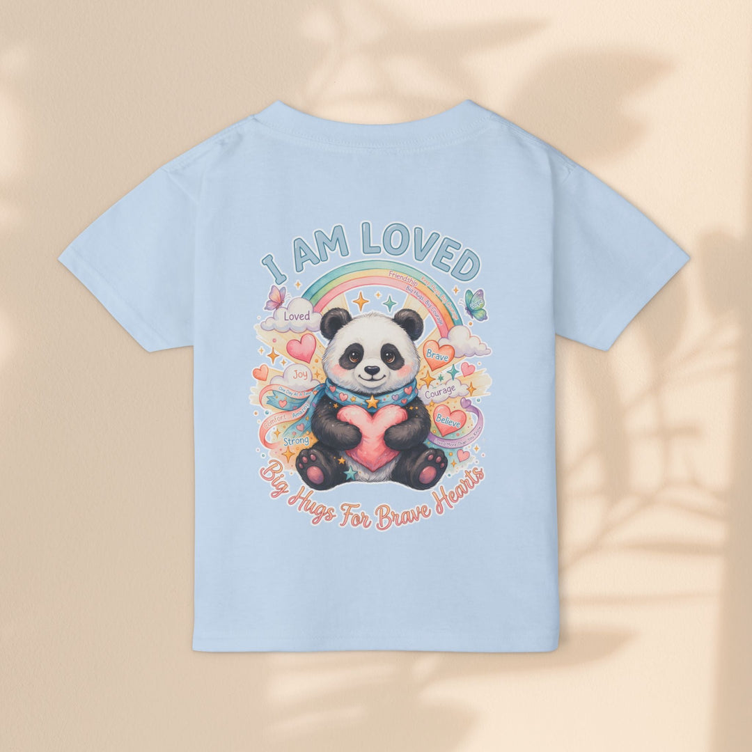 Sea Dragon Dreams light blue toddler t-shirt featuring a cute panda, rainbow, heart, and I Am Loved text graphic.