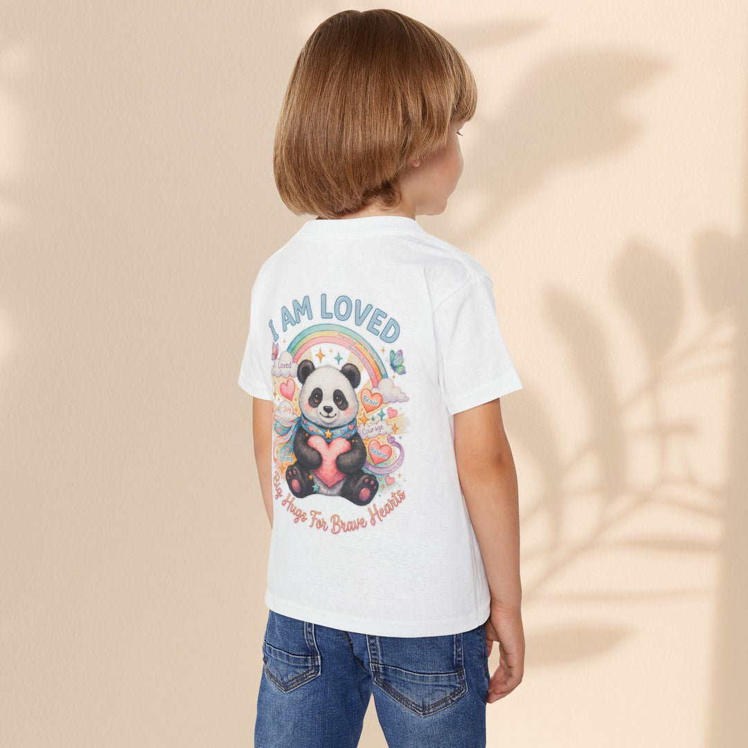 Sea Dragon Dreams toddler t-shirt featuring a Huggie Panda graphic with a rainbow, heart, and I Am Loved text.