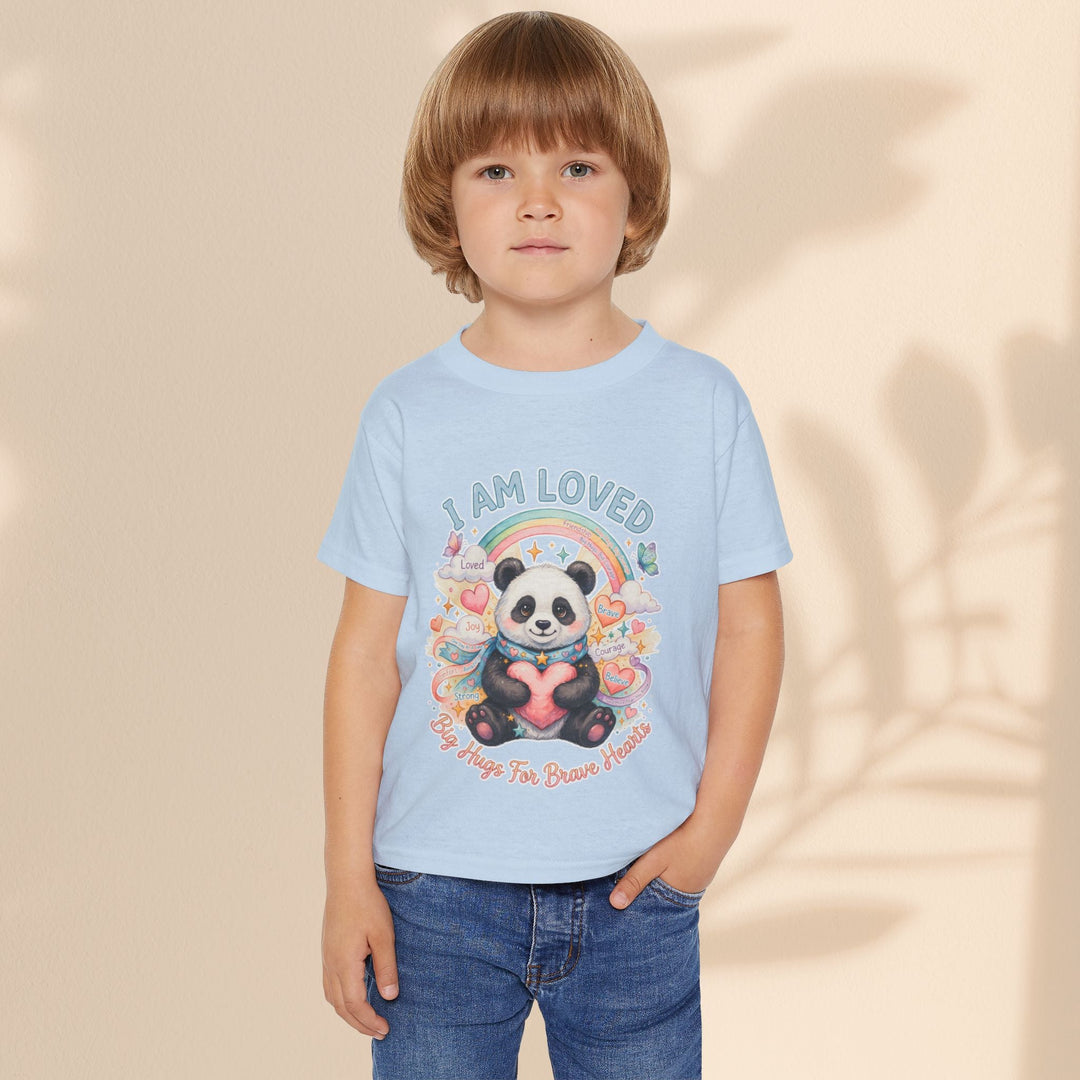 Sea Dragon Dreams toddler t-shirt in light blue cotton featuring a cute panda, rainbow, and I Am Loved graphic.