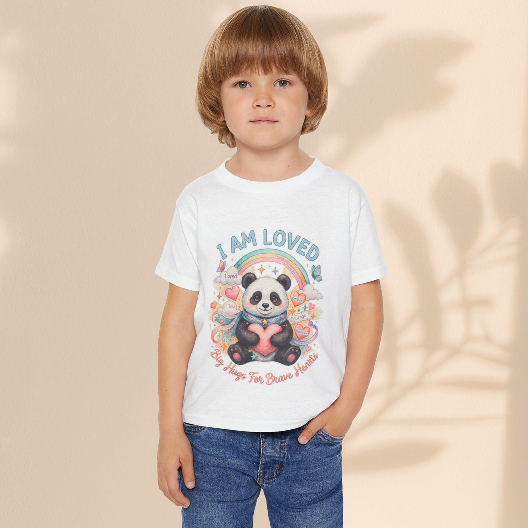 Sea Dragon Dreams toddler t-shirt featuring a cute panda, rainbow, and I Am Loved text on a white cotton shirt.