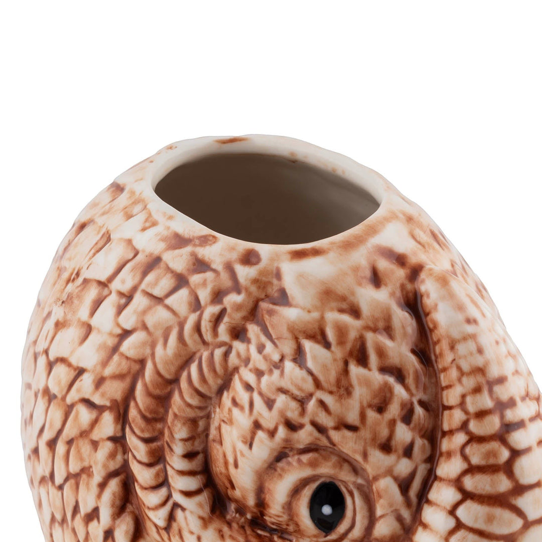 Close-up of the Sea Dragon Dreams BarConic® Pangolin Tiki Mug showing detailed brown ceramic scale textures.