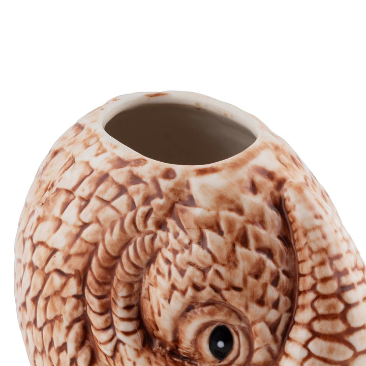 Close-up of the Sea Dragon Dreams BarConic® Pangolin Tiki Mug showing detailed brown ceramic scale textures.