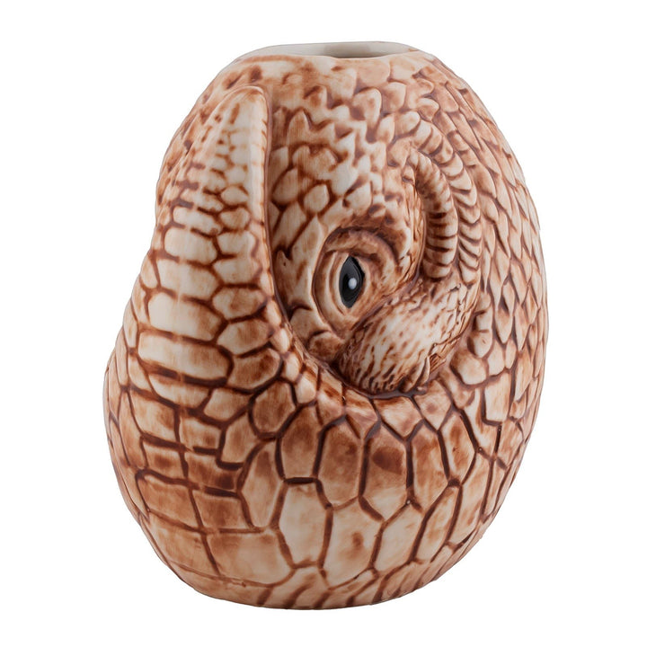 Sea Dragon Dreams BarConic Pangolin Tiki Mug, a 25 oz brown ceramic cocktail mug with detailed scale texture.