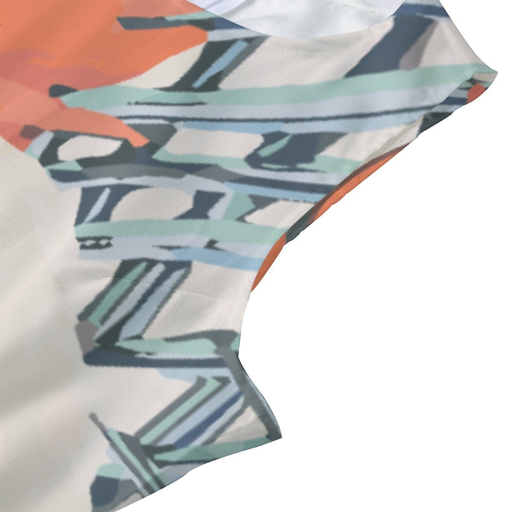 Sea Dragon Dreams sleeveless chiffon dress with a vibrant tropical parrot print and round neckline