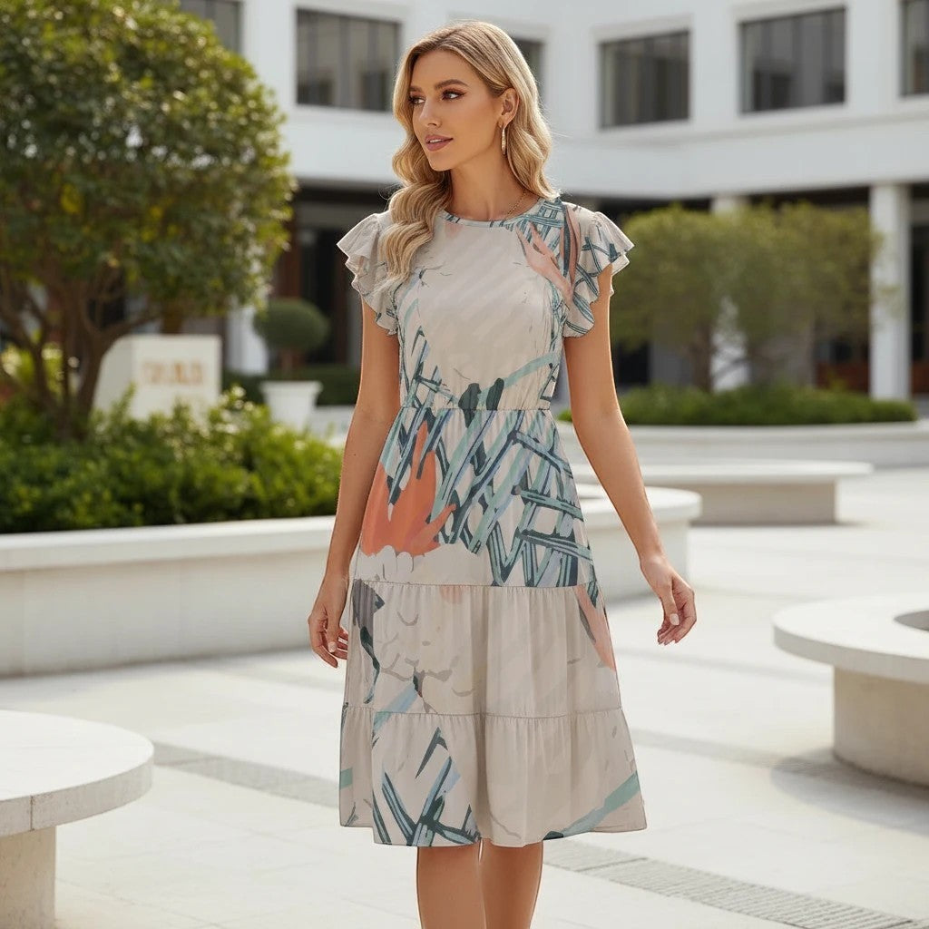 Sea Dragon Dreams midi dress with a tropical parrot print, V-neck, cap sleeves, and a tiered skirt in milk-silk.