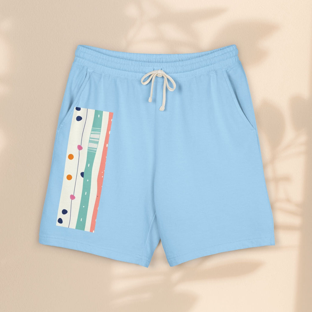 Sea Dragon Dreams pastel stripe lightweight fleece sweat shorts in light blue with an elastic drawstring waist.
