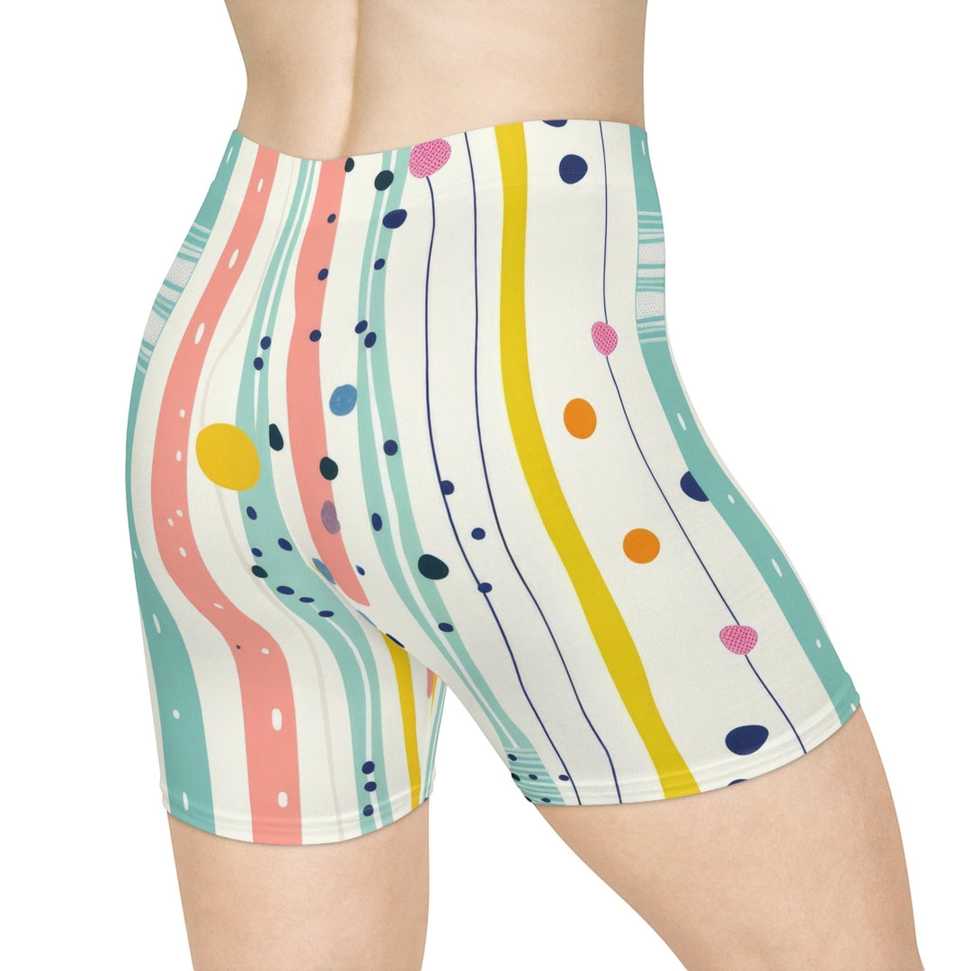 Sea Dragon Dreams high-waisted biker shorts featuring a pastel stripe, polka dot, and brushstroke print on soft fabric.