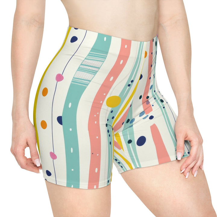 Sea Dragon Dreams high-waisted biker shorts featuring a pastel stripe, polka dot, and brushstroke print on soft fabric.
