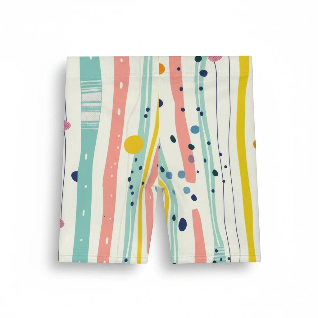 Sea Dragon Dreams pastel biker shorts with a mixed print of stripes, polka dots, and brushstrokes on soft stretch fabric.