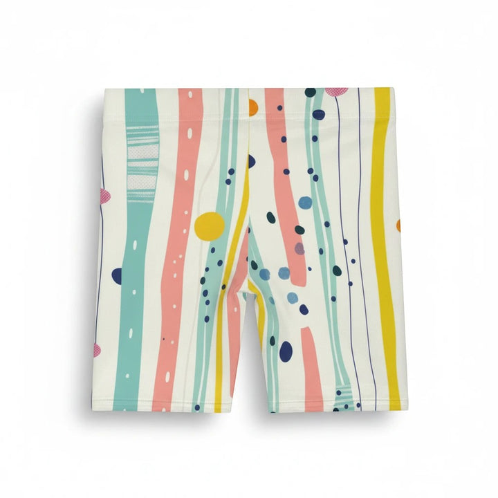 Sea Dragon Dreams pastel biker shorts with a mixed print of stripes, polka dots, and brushstrokes on soft stretch fabric.
