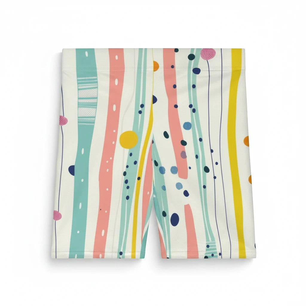 Sea Dragon Dreams pastel biker shorts with a playful mix of stripes, polka dots, and artistic brushstroke patterns.