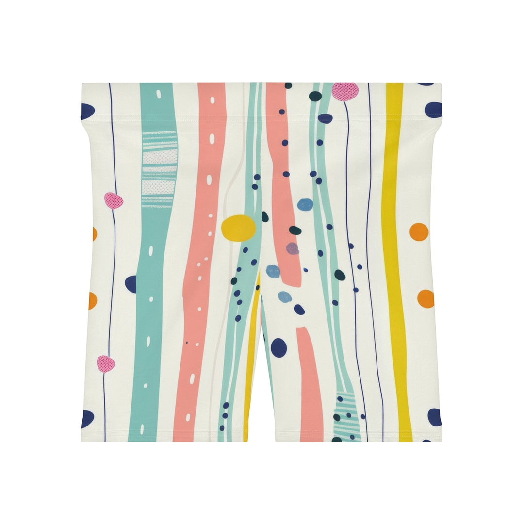Sea Dragon Dreams high-waisted biker shorts in cream with pastel stripes, polka dots, and artistic brushstroke print.