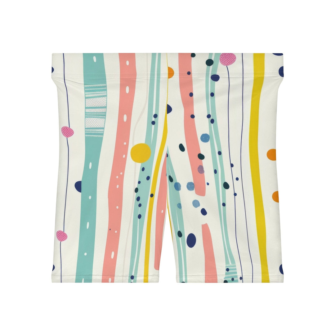 Sea Dragon Dreams high-waisted biker shorts featuring a pastel stripe, polka dot, and brushstroke print on soft fabric.
