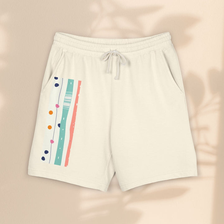 Sea Dragon Dreams pastel stripe fleece sweat shorts in cream with an elastic drawstring waist and side pockets.
