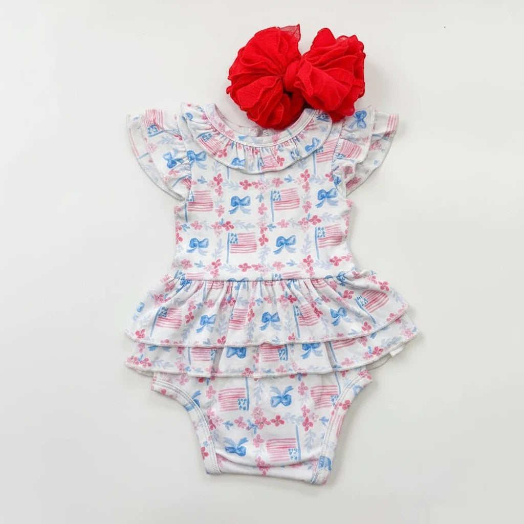 Sea Dragon Dreams American Girl bamboo flutter onesie with tutu featuring a patriotic flag and floral print.