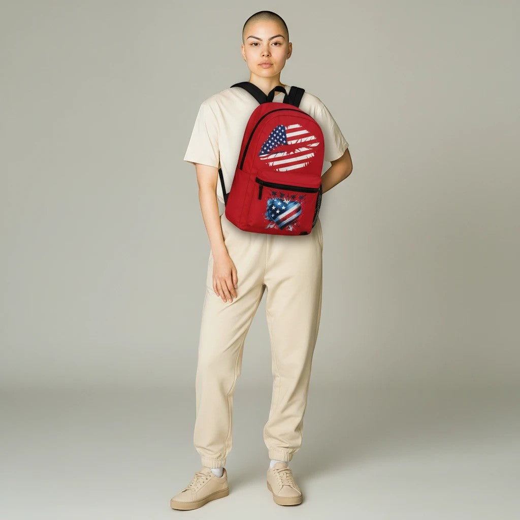 Sea Dragon Dreams patriotic red backpack with USA flag heart design worn by a model in beige loungewear