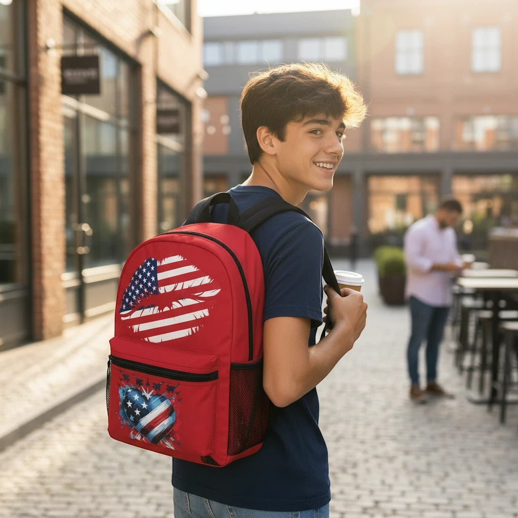 Sea Dragon Dreams patriotic backpack with American flag heart design worn by a young man on a city street