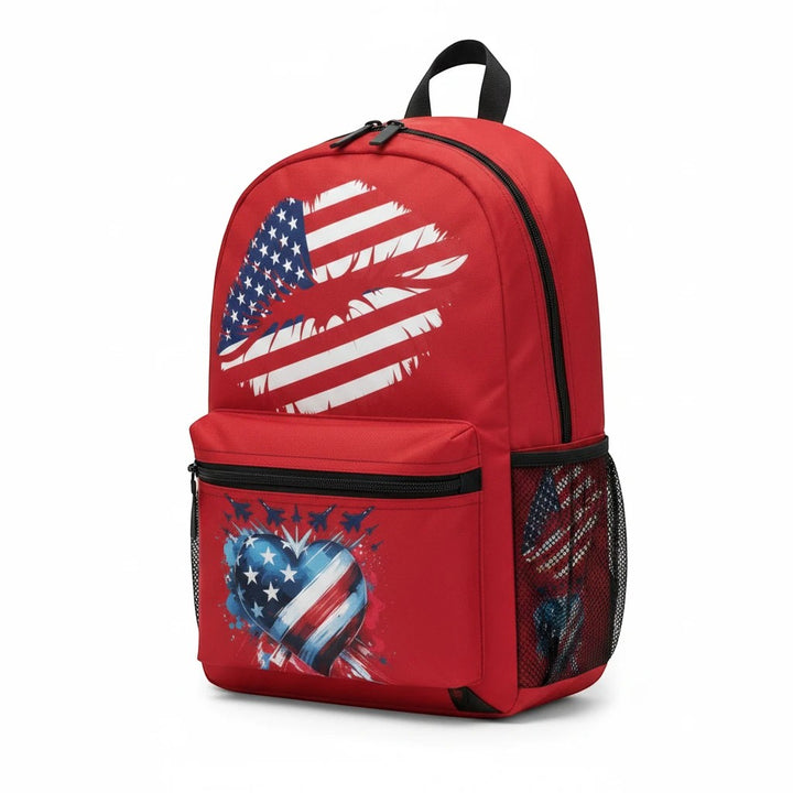 Sea Dragon Dreams patriotic red backpack with American flag lip and heart graphics, featuring side pockets and zippers.