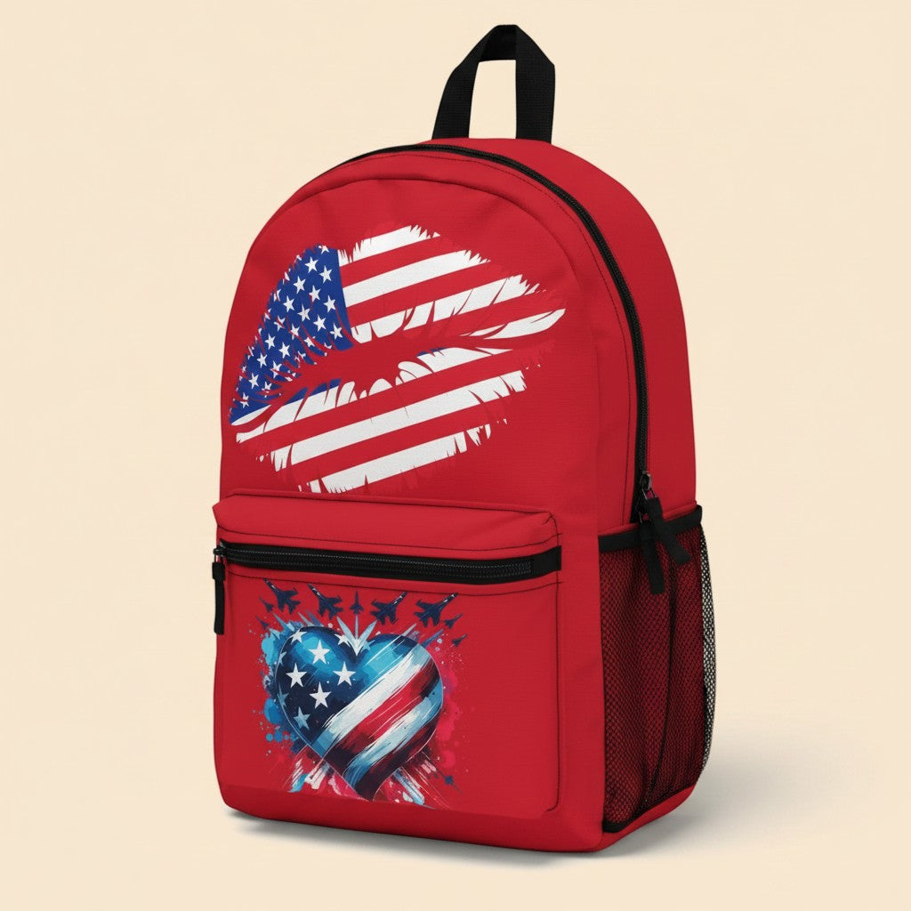 Sea Dragon Dreams red patriotic backpack with American flag lip and heart graphics, featuring durable polyester.