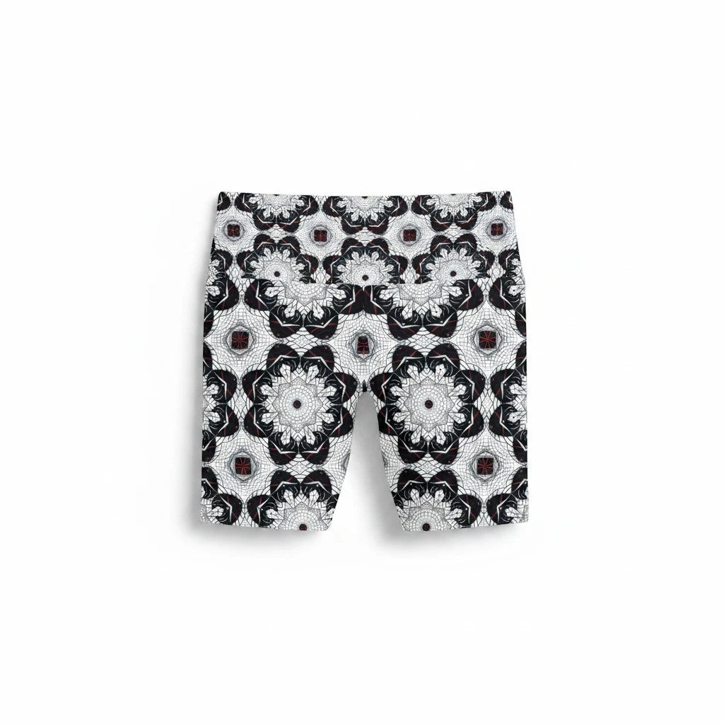 Sea Dragon Dreams black and white patterned workout shorts with a high waistband and 4-way stretch polyester fabric.