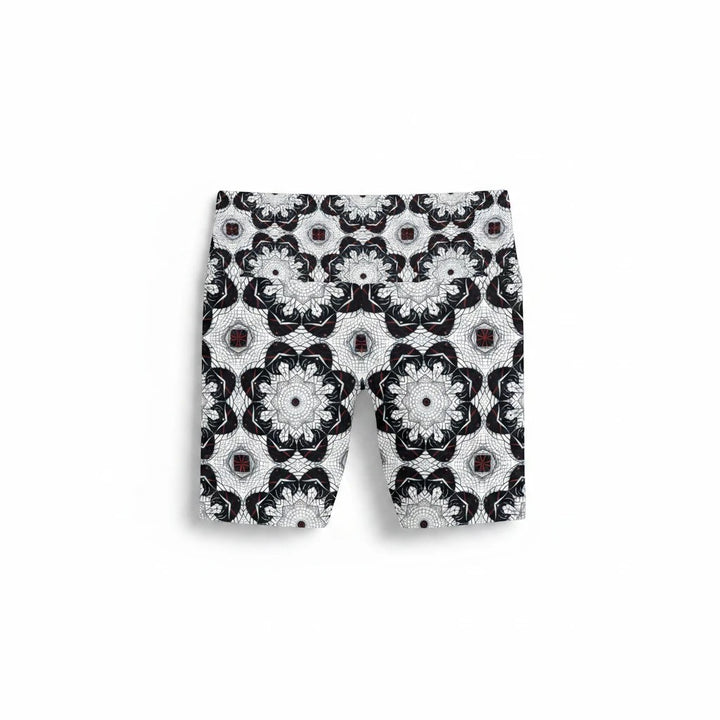 Sea Dragon Dreams black and white patterned workout shorts with a high waistband and 4-way stretch polyester fabric.