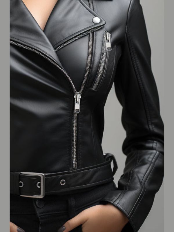 Sea Dragon Dreams women's black leather biker jacket with silver zippers and a waist belt in a fitted silhouette.