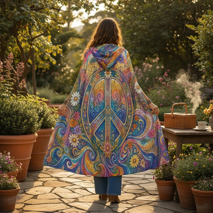 Sea Dragon Dreams unisex hooded cloak with vibrant psychedelic peace sign and floral artwork in a garden setting.