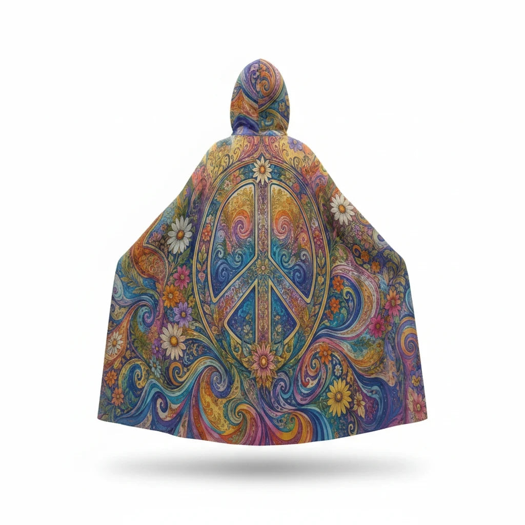 Sea Dragon Dreams unisex hooded cloak featuring a vibrant, colorful psychedelic peace sign and floral pattern on scuba fabric