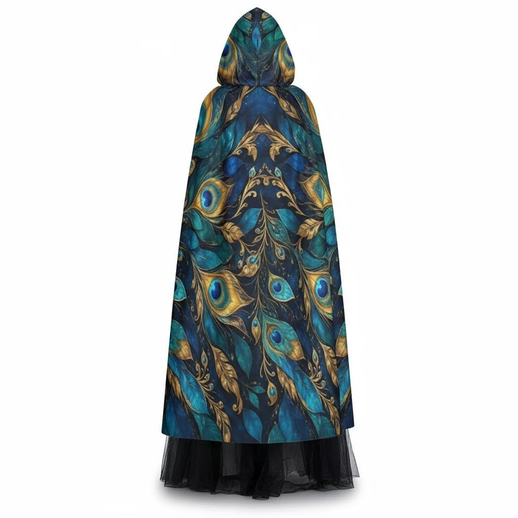 Sea Dragon Dreams hooded cloak featuring a vibrant blue and gold peacock feather pattern in a flowing unisex design.
