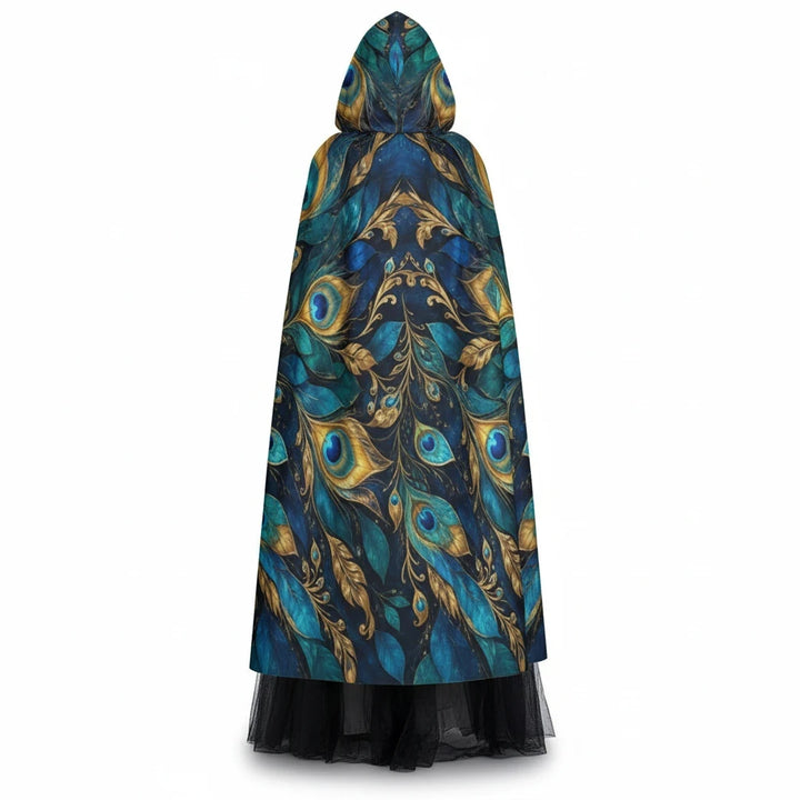 Sea Dragon Dreams hooded cloak featuring a vibrant blue and gold peacock feather pattern in a flowing unisex design.