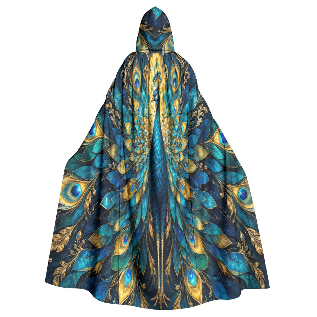 Sea Dragon Dreams unisex hooded cloak featuring a vibrant peacock feather pattern in jewel tones of blue and gold.