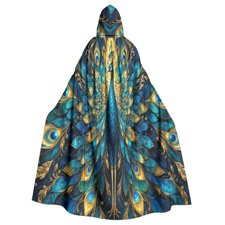 Sea Dragon Dreams unisex hooded cloak featuring a vibrant peacock feather pattern in jewel tones of blue and gold.