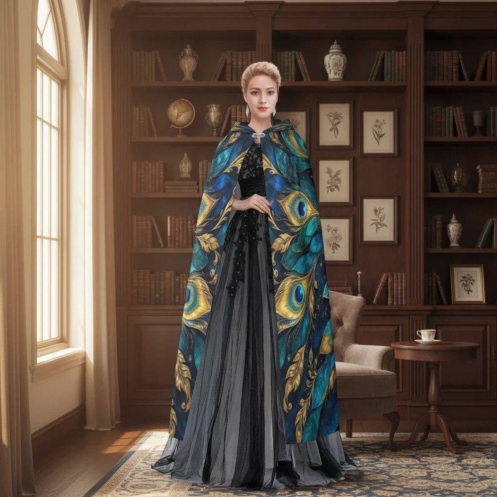 Sea Dragon Dreams unisex hooded cloak with vibrant peacock feather print in jewel tones worn over a black gown.