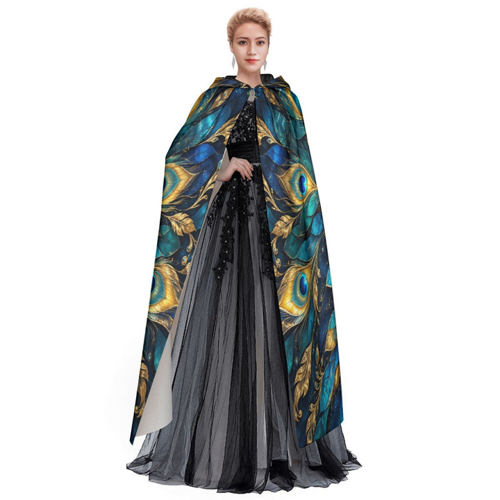 Sea Dragon Dreams unisex hooded cloak featuring a vibrant peacock feather print in jewel tones of blue and gold.