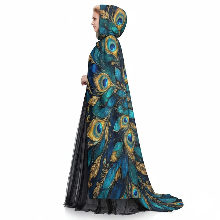 Sea Dragon Dreams unisex hooded cloak featuring a vibrant peacock feather print in rich jewel tones of blue and gold.