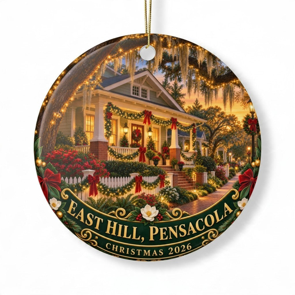Sea Dragon Dreams ceramic ornament featuring a festive East Hill Pensacola home decorated for Christmas 2026.