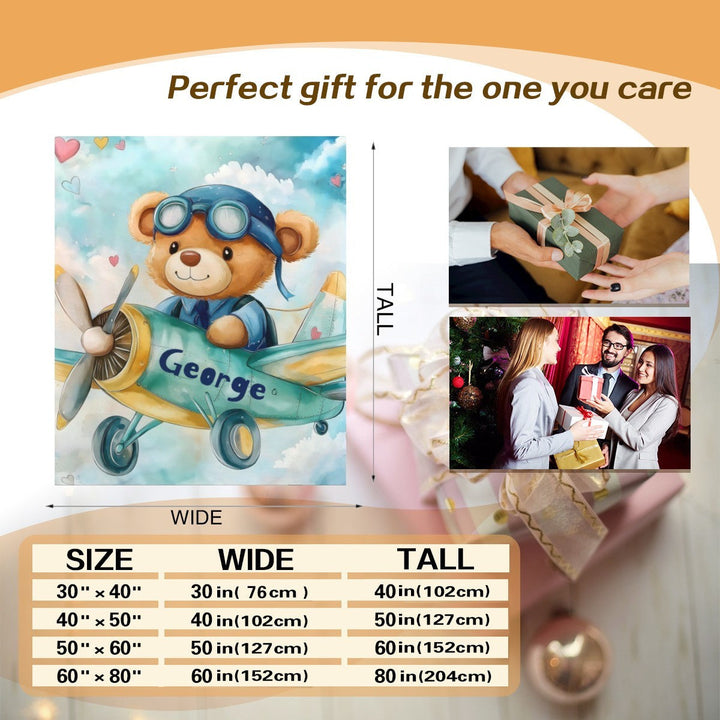 Sea Dragon Dreams personalised teddy bear pilot fleece blanket with custom name, shown with size and gift guide