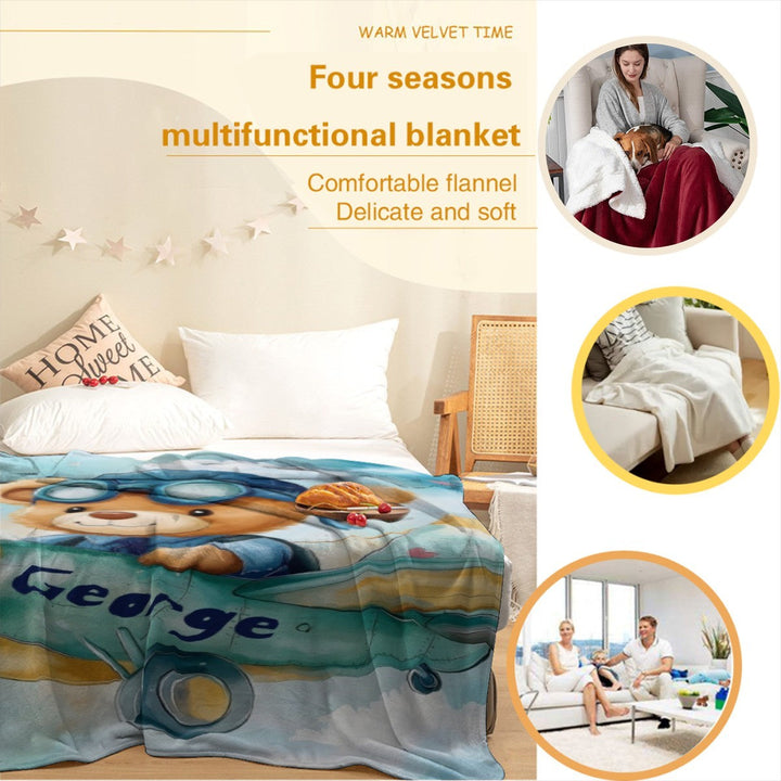 Sea Dragon Dreams personalised fleece blanket featuring a teddy bear pilot design, soft microfiber for kids and home