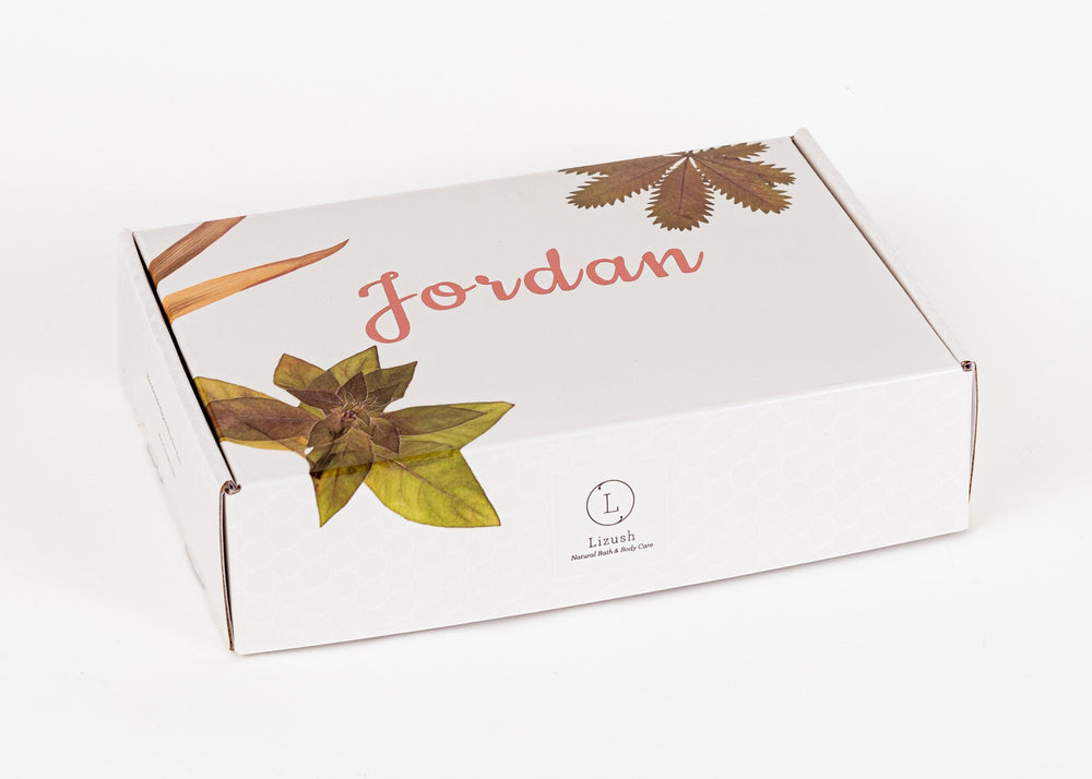 Sea Dragon Dreams personalized baby gift box with floral accents and custom name in rose gold lettering