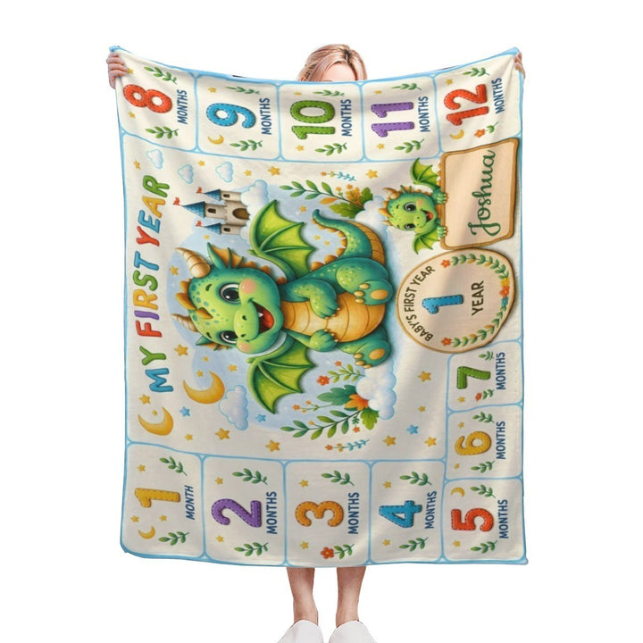 Sea Dragon Dreams personalized baby milestone blanket featuring a cute dragon illustration and month markers 1-12.